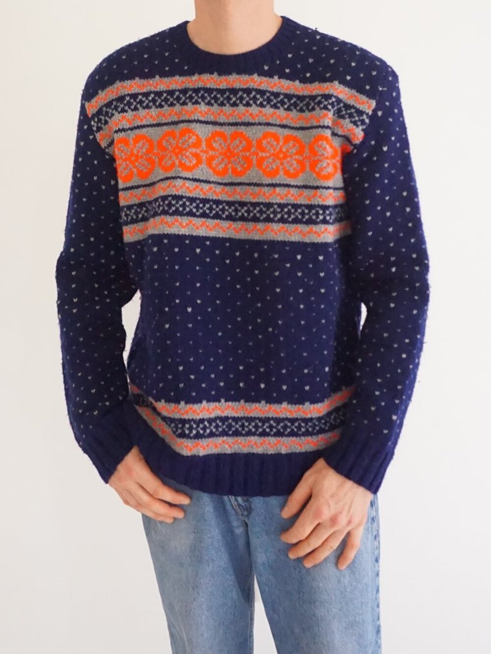 Vintage Navy Orange Floral Fair Isle Knit Sweater Pullover Winterwear Medium